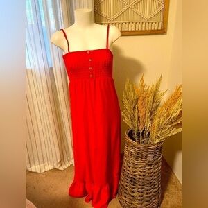 Preowned Women’s AUW Small Coral Maxi Dress with Stretchy top and Tiered Bottom